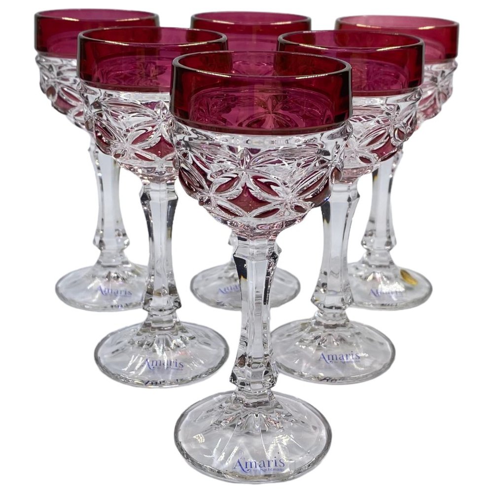 Set of Six Amaris Cranberry Lead Crystal Cordial Glasses